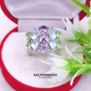 G6444 แหวนพลอยอเมทิสต์, โทพาซ , เพอริดอทแท้ ( Amethyst,topaz,peridot ) ตัวเรือนเงินแท้ 925 ชุบทองคำขาว มีไซส์ 54