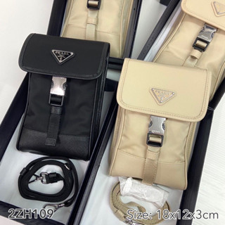 Prada phone bag 2ZH109 nylon สีดำ สีครีม เบจ กระเป๋า พราด้า สะพายข้าง ใส่โทรศัพท์ ของแท้ ผู้หญิง ผู้ชาย แบรนด์เนม