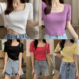 ❤สีสวยมากๆ❤เสื้อยืดคอยู เสื้อคอเหลี่ยมแขนสั้น สไตล์เกาหลี  สำหรับผู้หญิง ส่งไวจากไทย