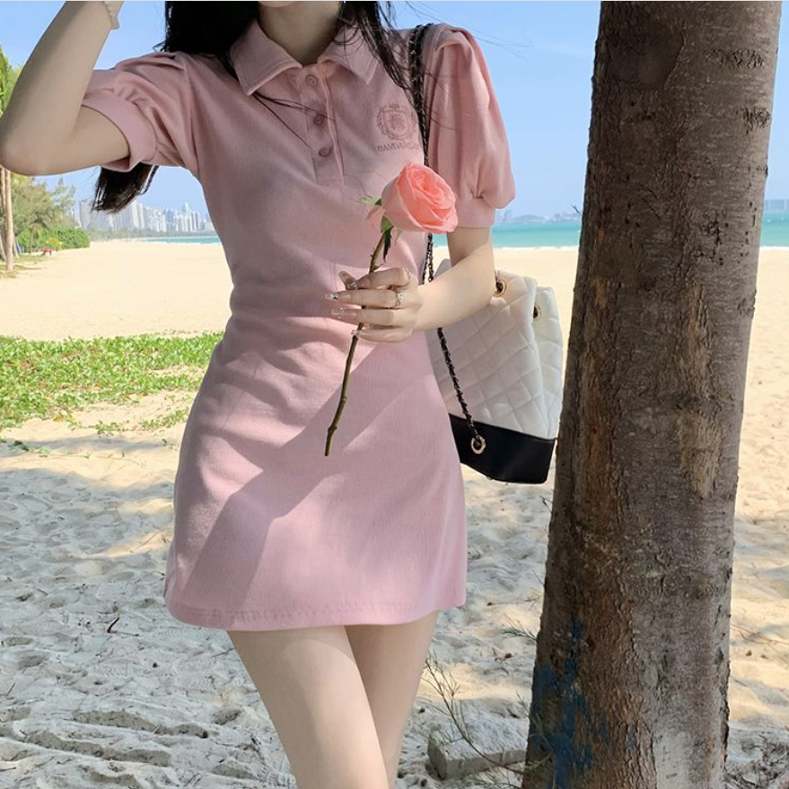 🍄ชุดเดรส,🍄ชุดเดรสสั้นลายพัฟฤดูร้อน,สไตล์อ่อนโยน,มีให้เลือกทั้งสีขาว ชมพู และสองสี