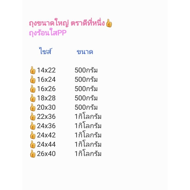 ถุงร้อนใสPP (ตราดีที่หนึ่ง👍🏻) ไซส์ใหญ่ ตั้งแต่14นิ้ว-26นิ้ว มีหลายขนาด