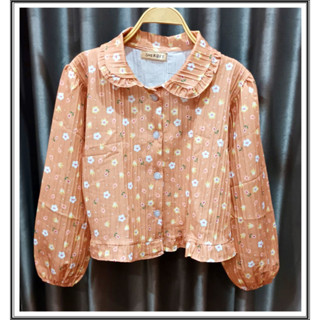 เสื้อคอปก ลายดอก แขนยาว สีน้ำตาล งานป้าย