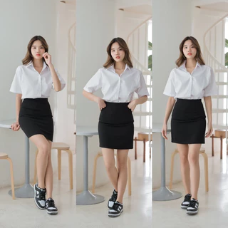 กระโปรงนักศึกษาทรงเอ ทรงเอไม่ผ่า มียาว16-18-20-22-24 สีดำผ้ายืดฮานาโกะ กระโปรงทรงเอ