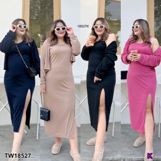 18527 เดรสกล้ามตัวยาวผ่าสูง + เสื้อคลุมแขนยาว #Bigsize Long bodycon dress, high cut + long sleeve coat #Bigsize