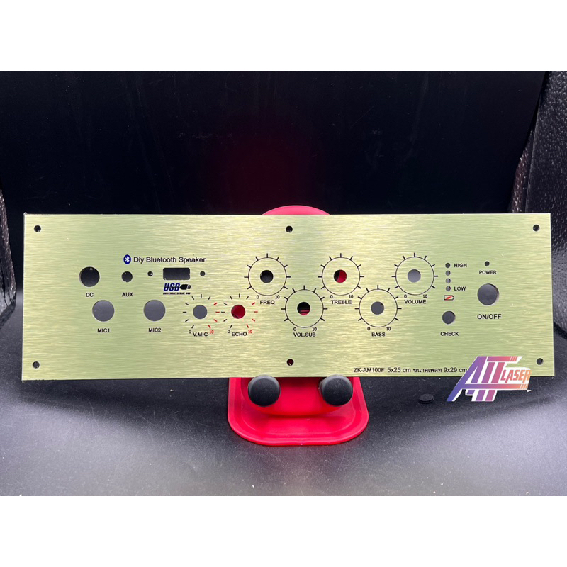 เพลท รุ่น ZK-AM100F  วัตแบตเม็ดไฟ ช่องเพลท5*25ขนาดแผ่น29x9ซมเพลทคอมโพสิตสีทอง สวิตช์เปิดปิด12มิล แบบ