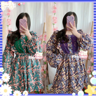 พร้อมส่ง มี2สี เดรสลายดอกไม้ โบฮีเมียน แขนยาว โทนสีน้ำตาล ทรงใหญ่ oversize เดรสกระโปรงยาว เดรสลายดอกไม้ งานป้าย