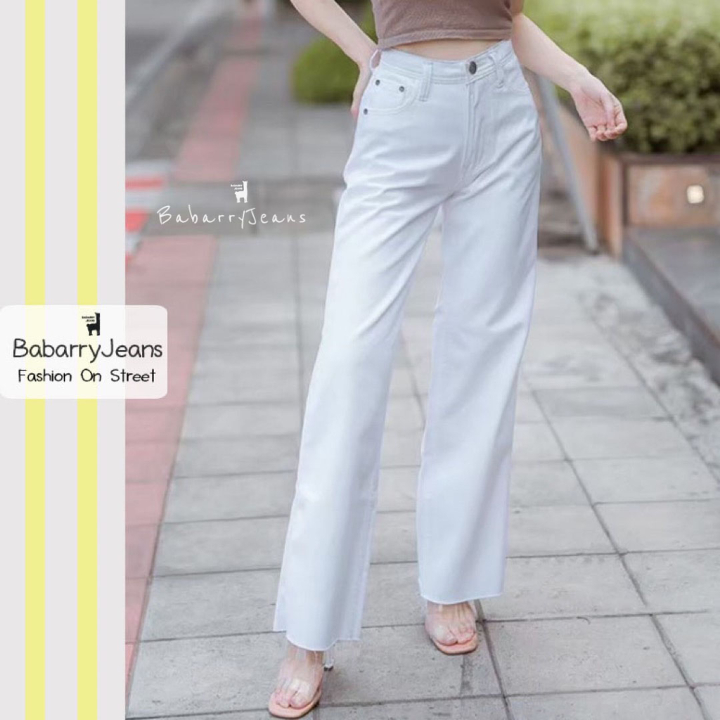 BabarryJeans มีบิ๊กไซส์ S-5XL ยีนส์ทรงกระบอก ขาตรง ปลายตัด วินเทจ เอวสูง ผ้ายีนส์ไม่ยืด (Original) สีขาว