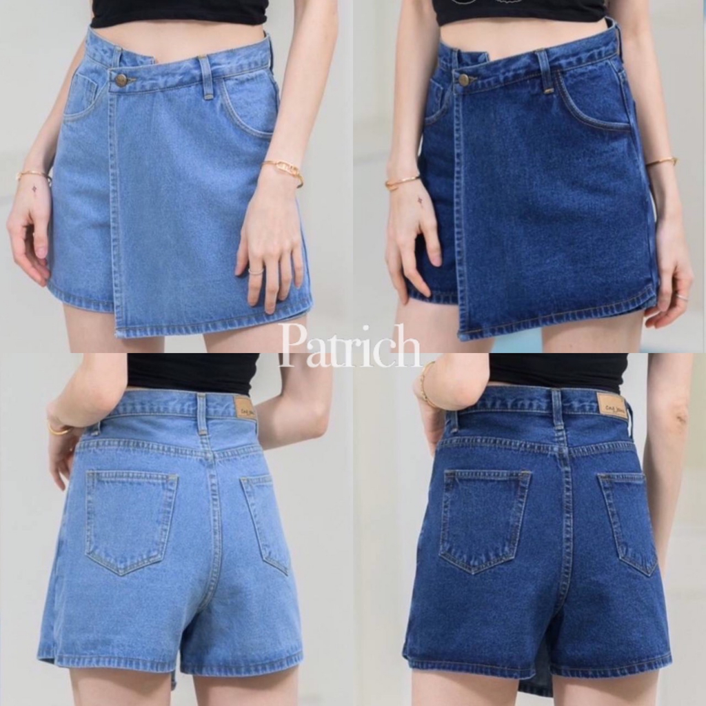 กางเกงกระโปรงป้ายหน้า ผ้าไม่ยืด S-40 มี2สี สียีนส์อ่อน / สียีนส์เข้ม