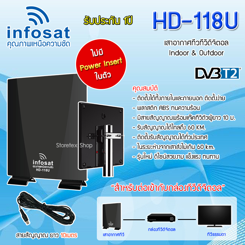 เสาทีวีดิจิตอล Infosat outdoor-indoor รุ่น HD-118U สำหรับต่อผ่านกล่องดิจิตอลทีวี (ไม่มี PowerInsert)