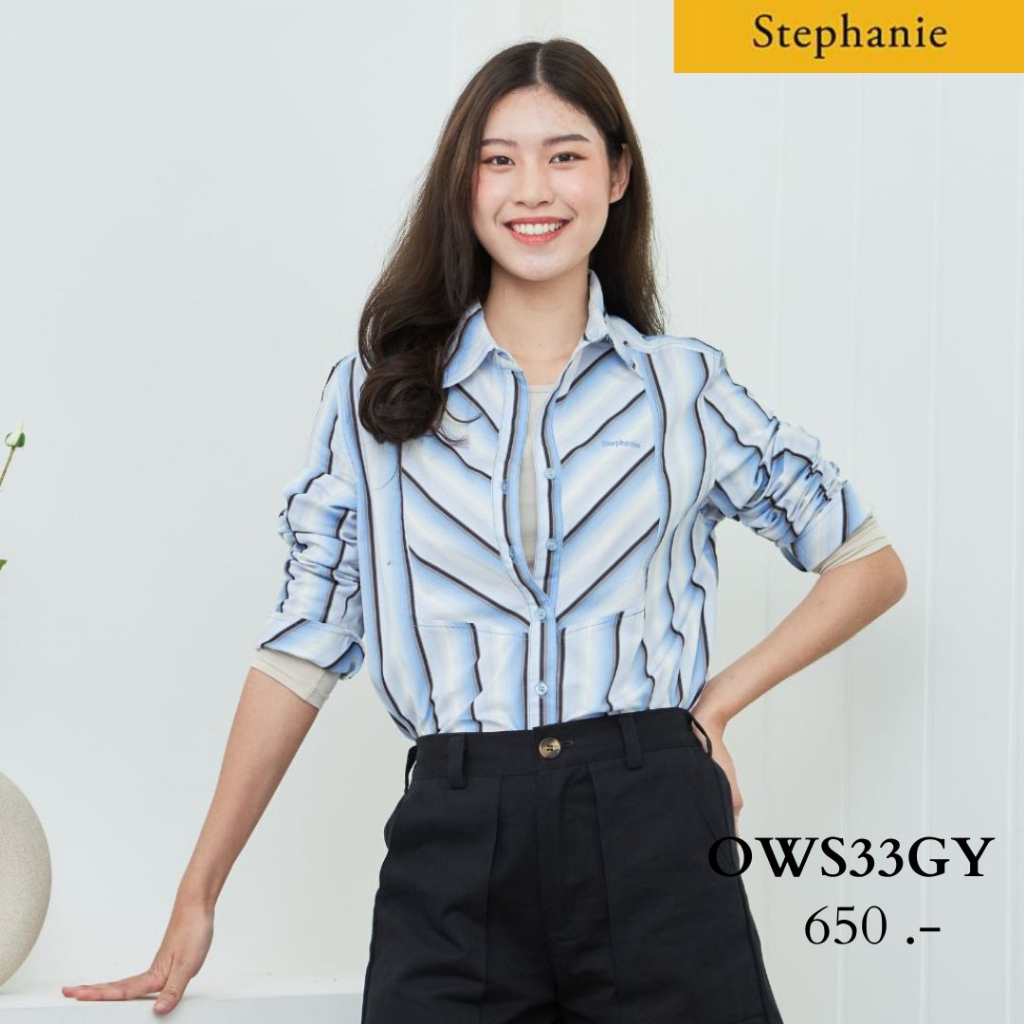 Stephanie เสื้อมีปก แขนยาว ลายทางสีฟ้า OWS33GY