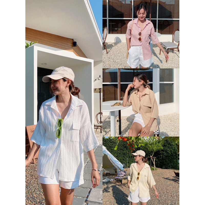 เสื้อเชิ้ตแขนสั้นทรงเกาหลีไหล่ตก มีความกระเป๋าปุ๊กปิ๊ก