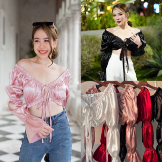 เสื้อเเขนเจ้าหญิง ผูกหน้า  เนื้อผ้าเงาเล่นแสงมาก