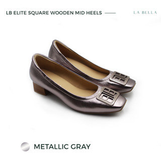 LA BELLA รุ่น LB ELITE  SQUARE WOODEN MID HEELS - METALLIC GRAY