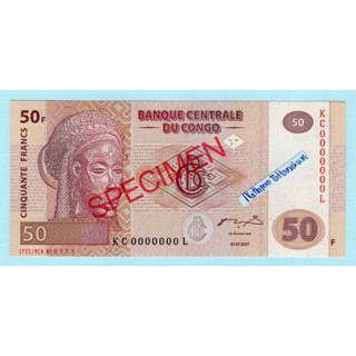 ธนบัตรตัวอย่าง เลขตอง KC0000000L สาธารณรัฐประชาธิปไตยคองโก 50 Francs ปี 2007