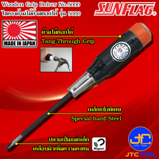 Sunflag ไขควงด้ามไม้มีแม่เหล็กด้ามตอกได้ รุ่น 5000 - Professional Use Wooden Grip Tang-Thru. Type Driver Series 5000