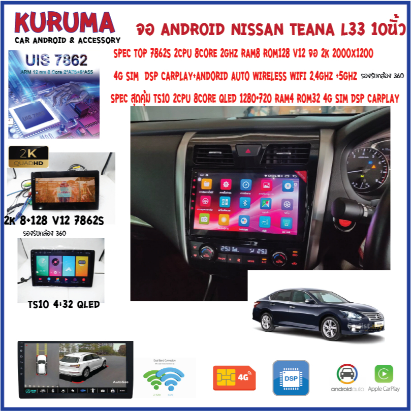 จอ android Nissan Teana L33 10นิ้ว NEW CPU 7870 3CPU 2.7GHZ 2K 6+128/8+256 DTS 4G CARPLAY/7862 2cpu 