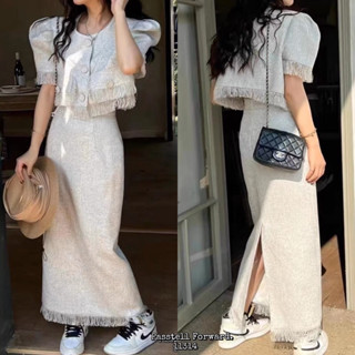 🇰🇷New🇰🇷  Korea tweed 2pcs set Setผ้าทวีตบางดีเทล ชายรุ่ยทรงครอปมาพร้อม กระโปรงยาวเข้าชุดเลยค่า