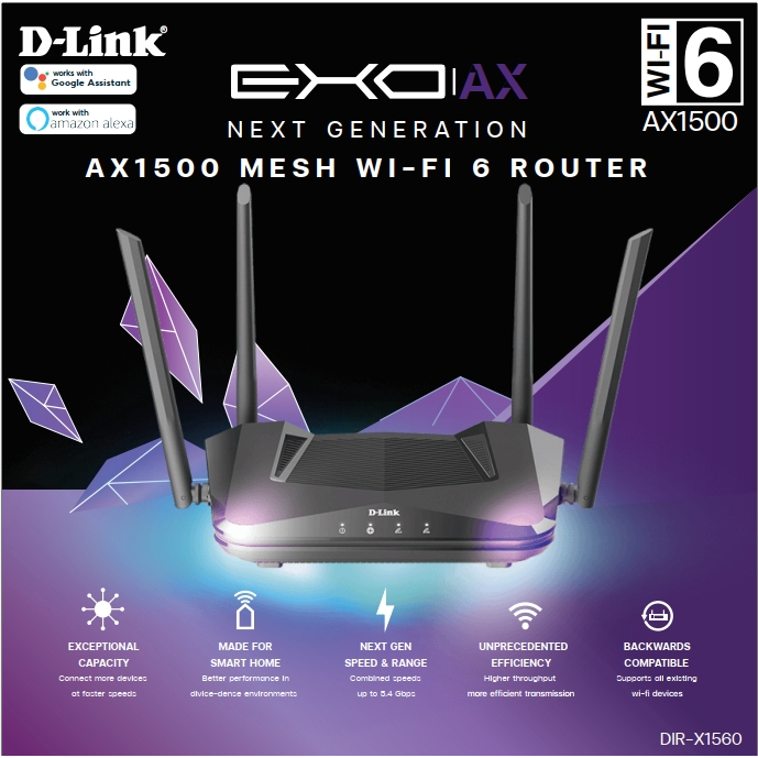 Router D-LINK (DIR-X1560) Wireless AX1500 Dual Band Gigabit Wi-Fi 6