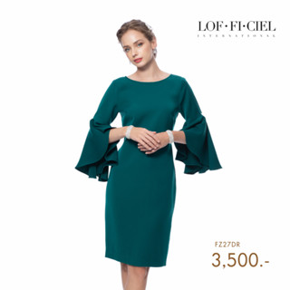 LOFFICIEL Dress Gorgeous Dress NEW LOFFICIELชุดเดรสทำงานสี Emerald ทรงสอบเข้ารูป แขนระบาย (FZ27DR)