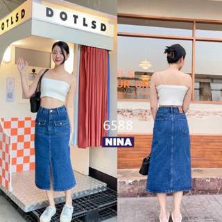 👖NN-ST🌟#6588 กระโปรงยีนส์ยาว สีฟอกเข้ม ผ้าไม่ยืด แต่งกระเป๋าหน้าคู่ งานเอวสูง ผ่าหน้า จับแมชๆ ง่ายๆเลยค่ะ