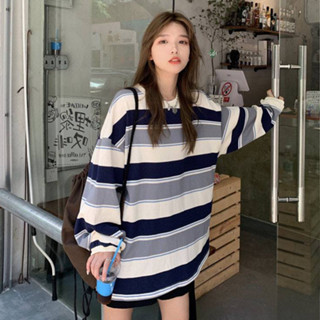 ผ้า COTTON เสื้อแขนยาวผ้า COTTON คอกลม Oversize ลายทาง กันหนาว ผ้าหนา #392