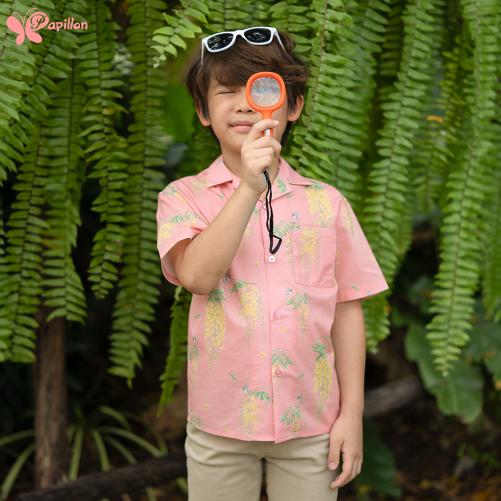 เสื้อเชิ้ตเด็ก [Papillon]Kids Oversized Summer Shirt ทรงโอเวอร์ไซส์ กระเป๋าด้านซ้าย ผ้าCotton100% ใส่สบาย พิมพ์ลายดอกคูน