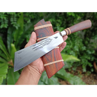 มีดแรมโบ้ Rambo knife มาเชเต้ มีดจีหนองสอ มีดควาญ มีดเดินป่า มีดแคมป์ ใบ 7.5” เหล็กตลป. ตีร้อนตอกลาย ด้าม-ฝักไม้พะยูง