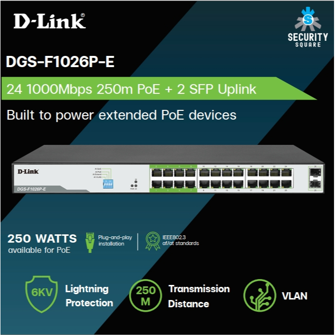 D-Link รุ่น DGS-F1026P-E 250M 24-Port Unmanaged Gigabit PoE Switch with 2 SFP Ports