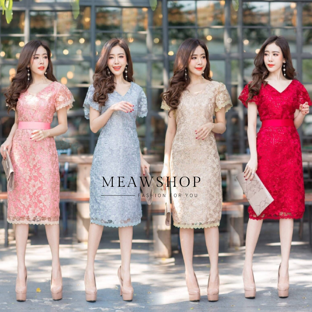 เดรสลูกไม้แขนระบาย M-3XL ชุดออกงาน ชุดไปงาน ชุดราตรีสั้น เดรสปักเลื่อม กลิตเตอร์ เดรสสีเงิน ชุดออกงา