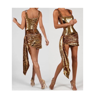 🔥Draped Sequined Dress ออร่าพุ่ง เดรสเลื่อมสีทอง จับจีบย่น ทิ้งชายยาวข้างสะโพก