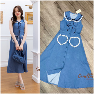 เดรสยีนส์แขนกุดช่วงปกแต่งขอบลูกไม้ (C311) Camellia Boutique