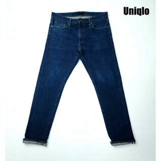 ยีนส์ริมแดง Selvedge Uniqlo เอว 34-35 สีเข้ม ผ้านุ่มยืด ขาเดฟ