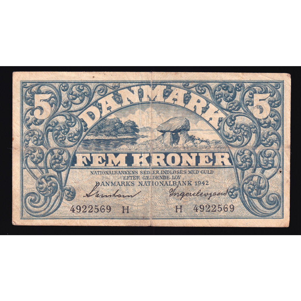 ธนบัตร Denmark, 5 Kroner, 1942, Prefix- "H", One Note LOT, จำนวน 1 ฉบับ ส่งฟรี Free Shipping