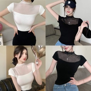 Ey_shop688#พร้อมส่ง✨1333#เสื้อผ้าแฟชั่นวัยรุ่นเซ็กซี่นิดหน่อย #เสื้อเกาหลีผ้าไหมพรมแขนสั้นคอเต่าเข้ารูป