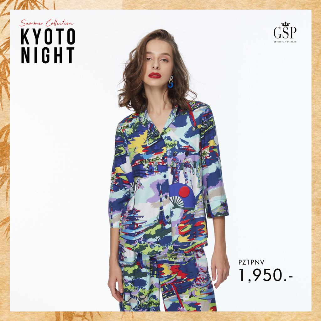 Gsp เสื้อเชิ้ตผู้หญิง Kyoto Night แขนสามส่วน สีกรม (PZ1PNV)