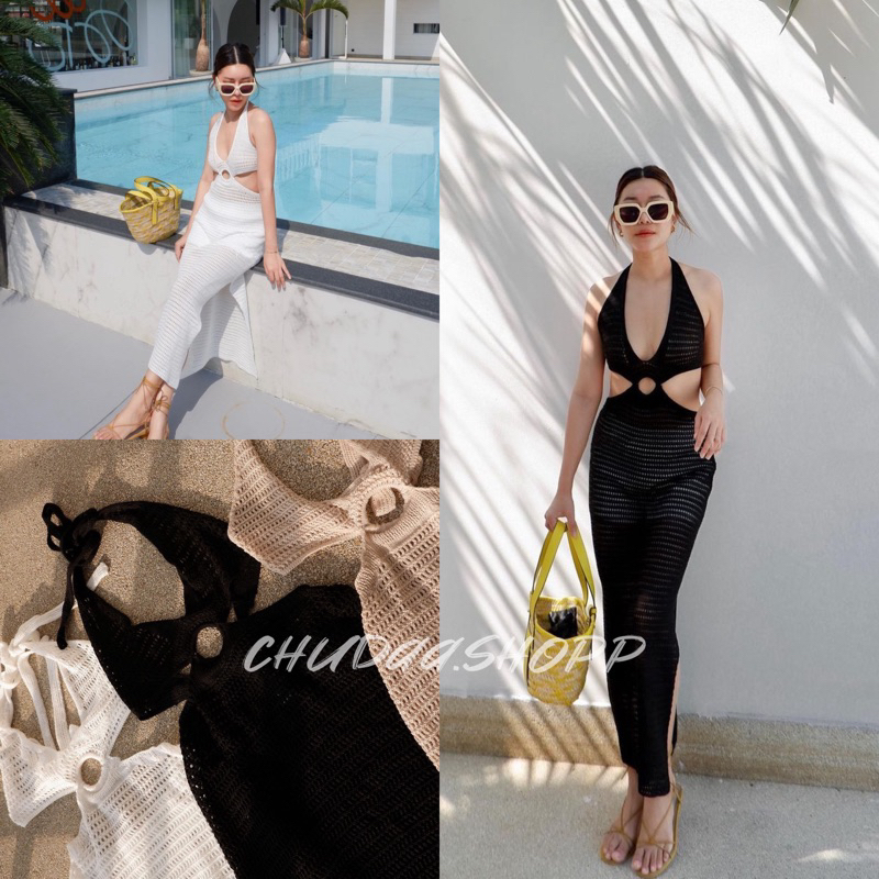 [พร้อมส่ง] Dress เดรสถักไหมพรม เดรสเว้าเอวคลุมบิกินี่ เดรสไปทะเล