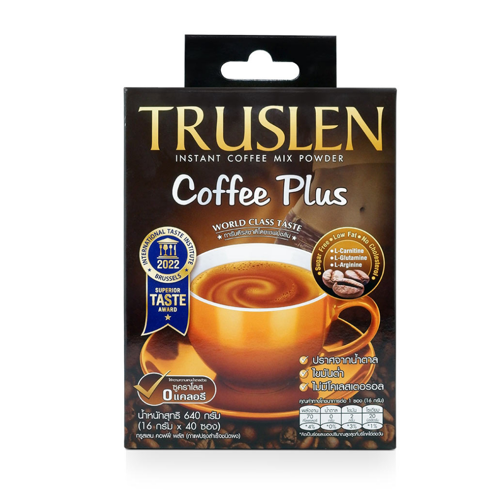 Truslen Coffee Plus — large box with 40 sachets of sugar‑free 3‑in‑1 instant coffee. Rich flavor, lo