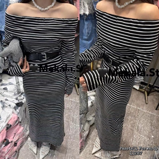 🇰🇷New🇰🇷  Korea stripe dress Dressยาวลายทาง ใส่แบบ ปาดไหล่ได้เลยค้าาา  แบบเรียบเก๋มากก