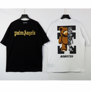 เสื้อยืดแฟชั่น เสื้อยืดใหม่เสื้อเชิ้ตลูกฟูกPalm Angels OW OFF WHITE T เสื้อลำลองหลวมแขนสั้น