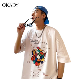 OKADY เสื้อยืด เสื้อเชิ้ตผู้ชาย ใหม่ฤดูร้อนเสื้อยืดลำลองแขนสั้นพิมพ์ลายตัวอักษรสไตล์สตรีททรงหลวม