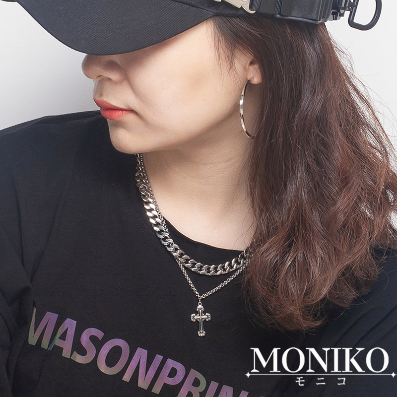 MONIKO สร้อยคอโซ่เงิน สองชั้น จี้ไม้กางเขน ประดับเพชร สไตล์ฮิปฮอป - รูปที่ 3