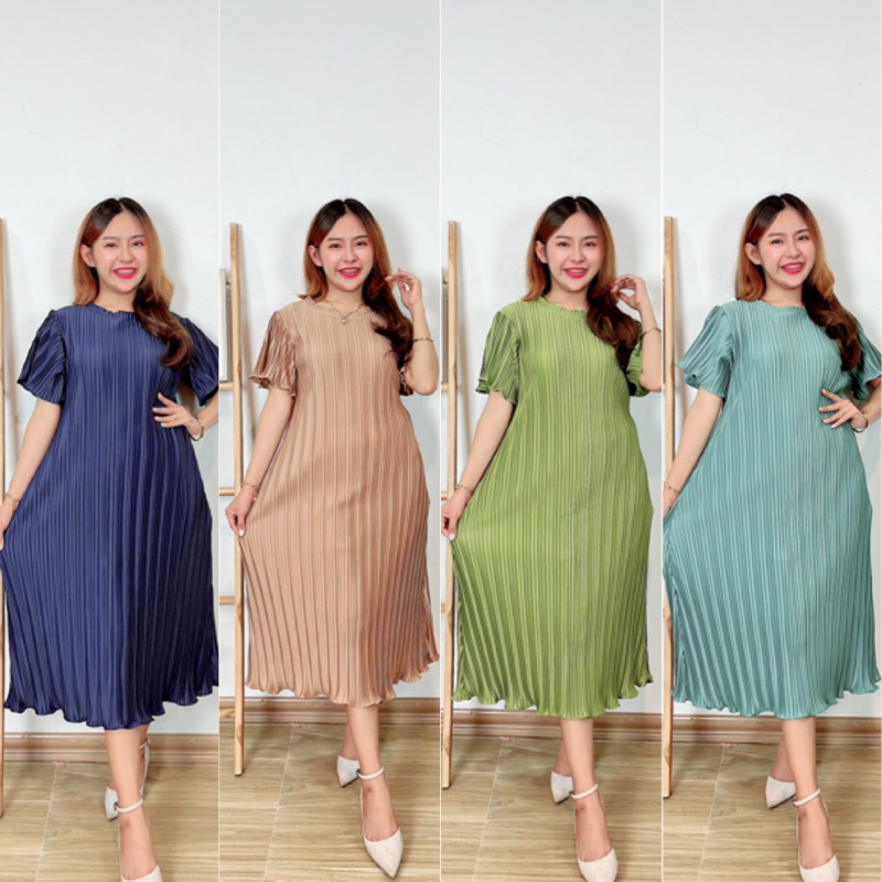 New Coll Fashion Pleat twiz Dressb177แฟชั่นชุดพลีท ชุดใส่ออกงาน แฟชั่นสาวอวบ เดรสFreesize ชุดสีสุภาพ ชุดทำงาน เดรสคุณครู