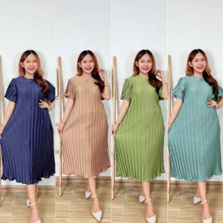 New Coll Fashion Pleat twiz Dress แฟชั่นชุดพลีท ชุดใส่ออกงาน แฟชั่นสาวอวบ เดรสFreesize ชุดสีสุภาพ ชุดทำงาน เดรสคุณครู