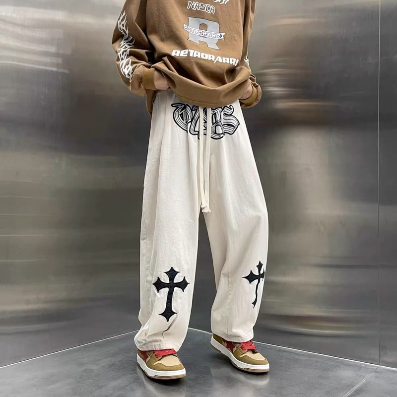 hight School pants กางเกงทรงหลวม แต่งลายไม้กางเขน สไตล์ฮิปฮอป