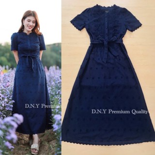 สวยขับผิว!!! M-XL Maxi Dress เดรสสีกรมกระดุมหน้าผ้าฉลุลายดอก3D+สายผูกเอว งานป้าย DNY