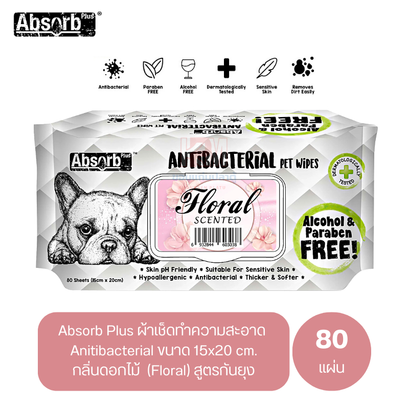 Absorb Plus ผ้าเช็ดทำความสะอาด กลิ่นดอกไม้ (Floral) สูตรกันยุง ขนาด 15x20 cm. บรรจุ 80 แผ่น