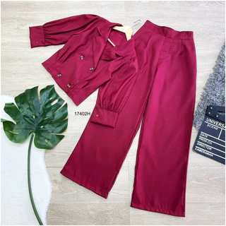 set 2 ชิ้น เสื้อแขนพอง คอปกสูทกระดุมหน้า + กางเกงขายาว TT17402