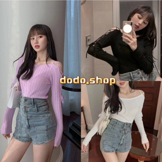 DODO*พร้อมส่ง*เสื้อไหมพรมแขนยาว โชว์แขนถักเชือกไขว้หากัน(11037)