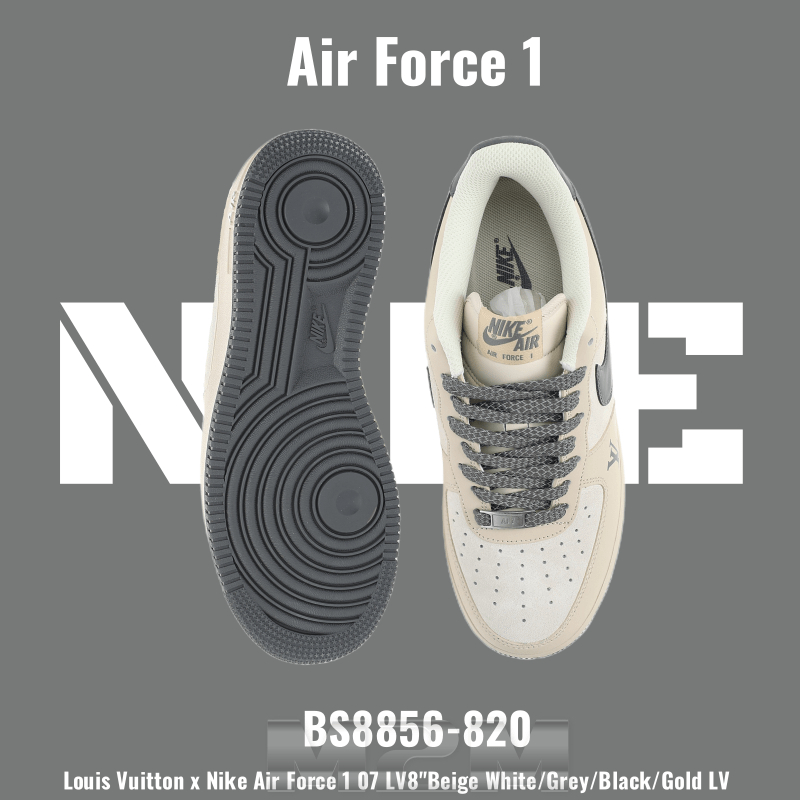 M2M👉 Nike Air Force 1 07 LV8"Beige White/Grey/Black/Gold LV"  รองเท้าผ้าใบลำลอง BS8856-820