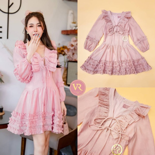 ♥️พร้อมส่ง S♥️ป้าย Vora Dress สั้นแขนยาว คอวี แต่งระบายช่วงไหล่และด้านหน้า ผูกโบว์ช่วงอกแอบเซ็กซี่เบาๆ